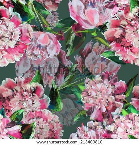 Peonies on a green background, pattern seamless