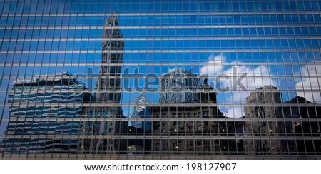 The buildings and architecture of Downtown Chicago, by the Chicago River between The Loop and the Magnificent Mile areas.