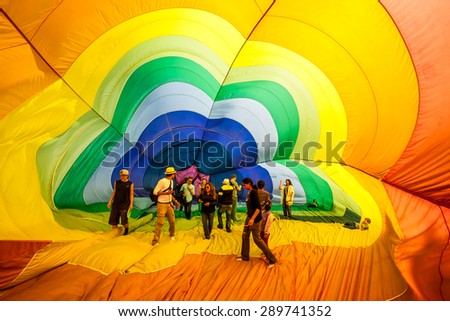 Windsor, CALIFORNIA/UNITED STATES - JUNE 20, 2015: Inside a hot air balloon at 25th Sonoma County Hot Air Balloon Classic photographed on June 20, 2015 in Windsor, Keiser Park, in Sonoma Wine Country.