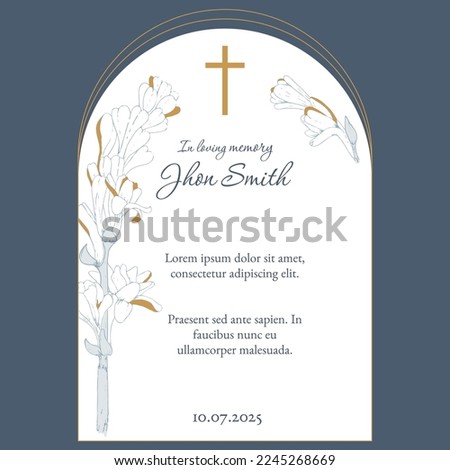 Funeral card template with white background, and white flowers, with blue border and yellow details. Condolence card vector illustration