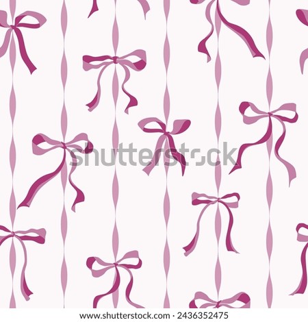 Vector seamless pattern featuring charming fuchsia bows with a loose style on a pink vertical stripes background. Girly pattern perfect for bedroom decoration, prints with coquette style