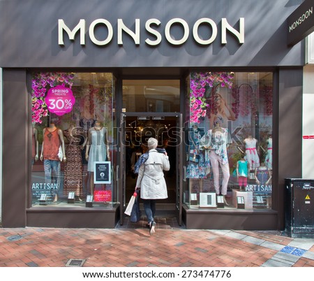 Reading, England - April 25th, 2015:Monsoon was started in London in 1973 by Peter Simon.In 2014 the company had about 1400 stores in 74 different countries.