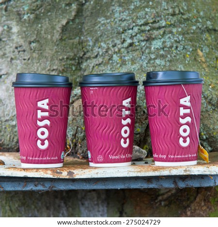 ASCOT, UK - MAY 4, 2015: Costa Coffe Logo on a take a way cup. Costa Coffee is a British coffeehouse company founded in 1971 by Italian brothers Sergio and Bruno Costa