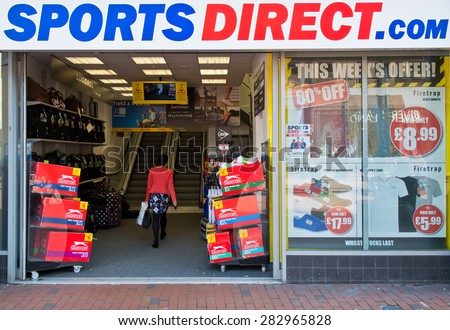 Reading, England - May13th, 2015:The exterior of sports direct on May 13th,2015,in Reading, England, UK.Sport direct operates 270 stores in Europe.