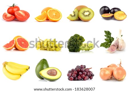 Set of studio shots of fruits and vegetables isolated on white