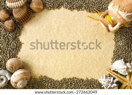 Frame with sea shells,stars and sand as background