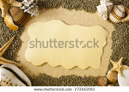 Frame with sea shells,stars and sand as background