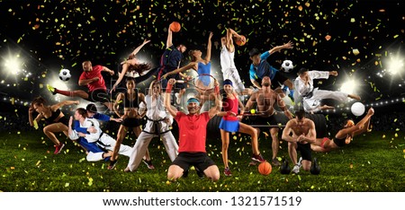 Huge multi sports collage taekwondo, volleyball, tennis, soccer, basketball, football, bodybuilding, etc