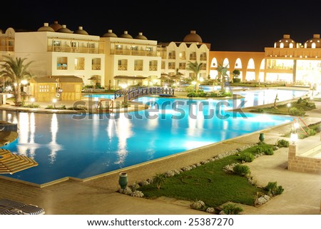 Picture of a luxury arabic hotel territory at night