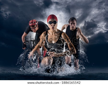 Triathlon sport collage. Man, woman running, swimming, biking for competition race