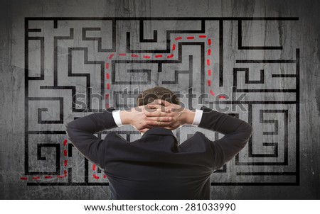 Business concept. Back view of businessman looking at a maze on wall