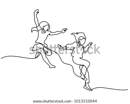 Happy jumping two girls. Continuous line drawing. Vector illustration on white background