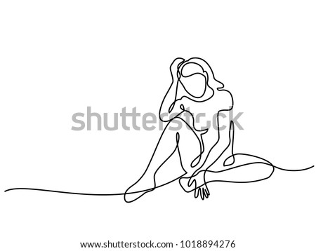 Continuous line drawing. Sitting sad girl. Vector illustration