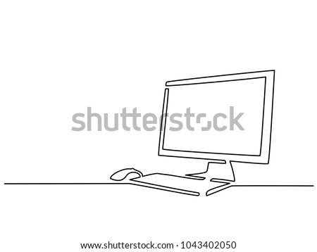 Continuous line drawing. Computer monitor with keyboard and mouse. Vector illustration