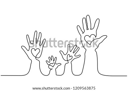 Continuous one line drawing. Abstract family hands holding hearts. Vector illustration