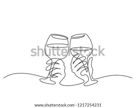 Continuous one line drawing. Hands cheering with glasses of wine. Vector illustration