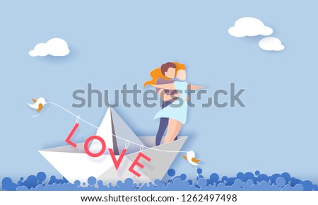 Valentines day card with couple hugging in love on paper boat in the sea. Vector paper art illustration. Paper cut and craft style.
