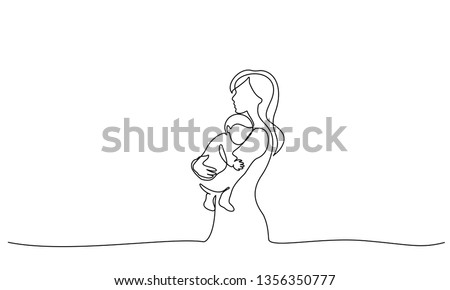 Happy Mother day card. Continuous one line drawing. Woman hold her baby. Vector illustration