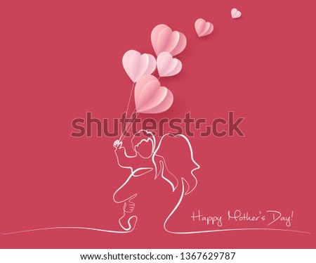 Happy Mother day card. Continuous one line drawing. Woman hold her baby with air balloons shaped as heart. Vector illustration