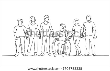 Group of people hold hands. Friends together with disabled. One continuous line drawing vector illustration.