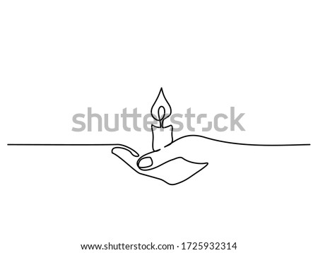 Continuous one line drawing. Hand holding burning candle. Vector illustration.