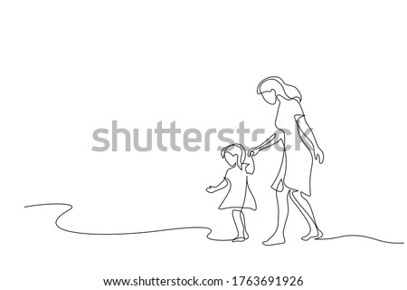 Continuous one line drawing. Mother and daughter walking together. Vector illustration