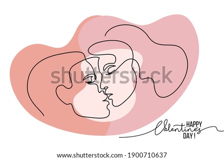 Portrait of couple man and woman in love kissing. Continuous One Line Art Drawing of two faces with color spots heart shaped. Valentines Day card. Vector illustration minimalistic style.