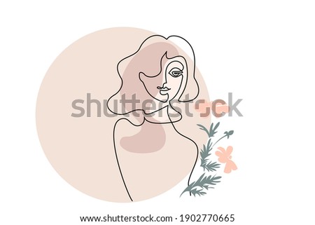 Happy Women's day 8 March card. Abstract portrait of woman with color spots, heart and flowers. Continuous one line drawing. Vector illustration.