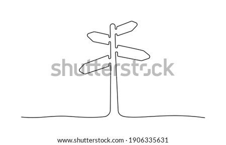 Road direction sign arrows isolated on white background. Continuous one line drawing. Vector illustration for banner, web, design element, template, postcard.