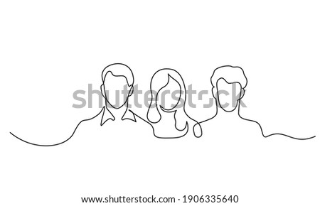 Three Human heads silhouette. Two young man and woman. Team concept. Continuous one line drawing. Vector illustration