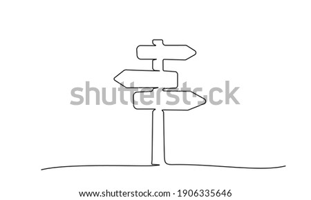 Road direction sign arrows isolated on white background. Continuous one line drawing. Vector illustration for banner, web, design element, template, postcard.