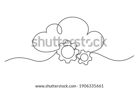 Cloud technology sign. Clods with gears. Cloud computing, big data Concept. Continuous one line drawing. Vector illustration