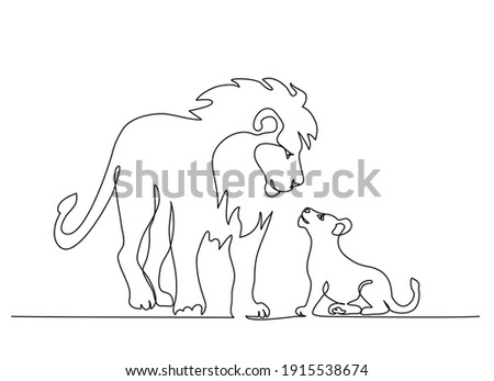 Lion standing with small lion cub. Continuous one line drawing. Vector illustration. Line art