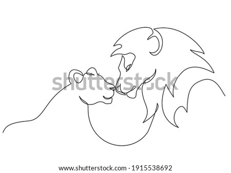 Lion with lioness in love. Lion family. Continuous one line drawing. Vector illustration. Line art