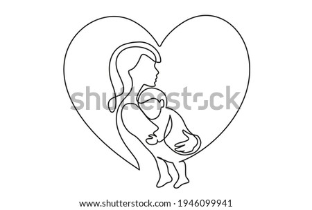 Happy Mother day card. Continuous one line drawing. Woman hold her baby inside heart. Vector illustration