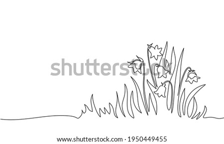 Abstract meadow line with grass and flowers bellflower. Continuous one line drawing. Vector illustration