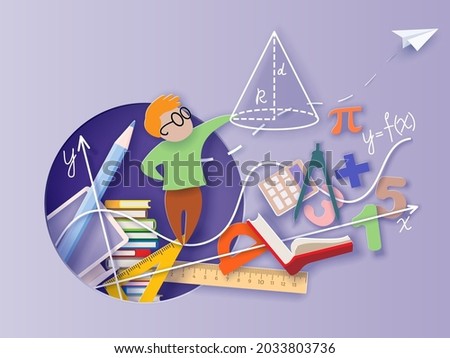 Back to school background with round hole. Paper cut cartoon Little boy math student learning mathematic in trendy paper cut craft style. Vector illustration.
