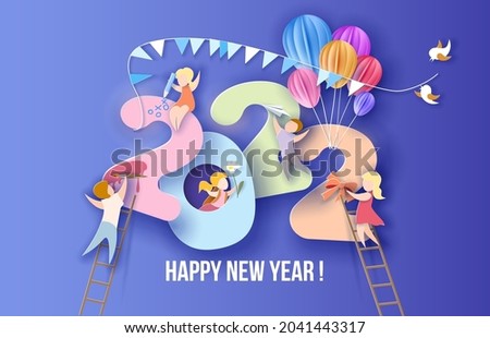 2022 New Year design card with kids on purple background. Vector illustration. Paper cut and craft style.
