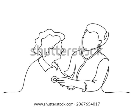 Doctor stethoscope patient old woman. Hospital scene. Continuous one line drawing. Vector illustration.