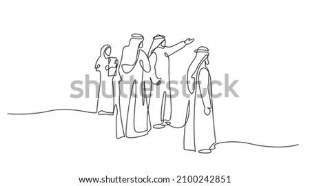 Muslim people looking at art picture in gallery. Arab middle east cloth shmagh, thawb, robe, hijab. Continuous one line drawing design vector illustration