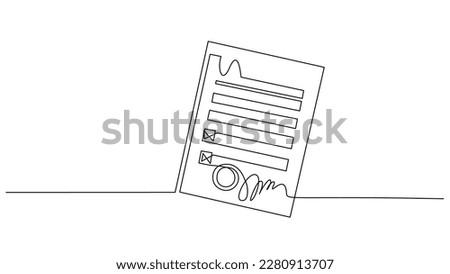 Document contract paper with stamp and signature. Continuous one line drawing. Vector illustration