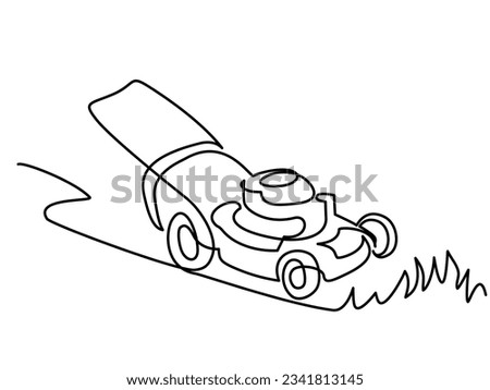 Hand lawn mower gardening. Continuous one line drawing. Vector illustration