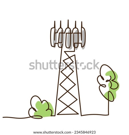 Cell Tower 5G base transceiver station. Continuous one line drawing design. 5G technology concept. Graphic vector illustration. Colored single line art.