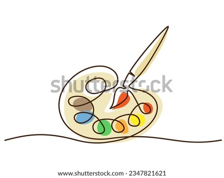 Brush and painting palette with paints. Continuous one line drawing. Vector illustration isolated on white background Colored single line art