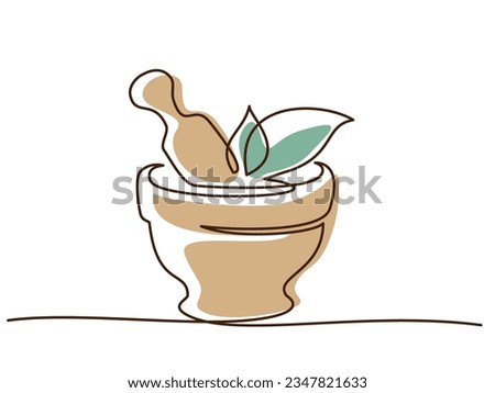 Pharmacy mortar and pestle with herbs. Continuous one line drawing. Line art vector illustration. Colored single line art