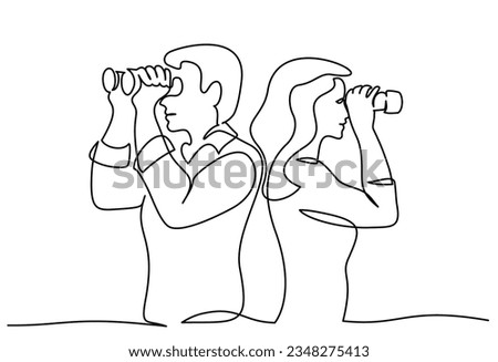 Man and woman looking into distance with binoculars. Continuous one line drawing. Concept of searching for truth. Single line design vector graphic illustration
