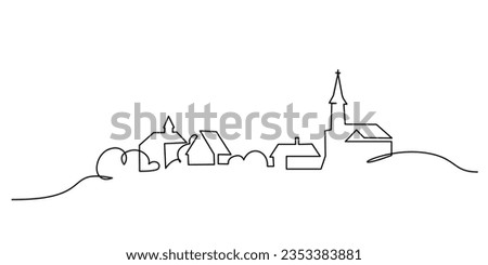 Village with church. Continuous one line art drawing style. Landscape of small country. Black linear sketch isolated on white background. Vector illustration