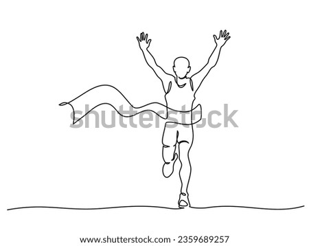 Runner reaches finish line holding his arms up. Continuous one line drawing. Vector illustration outline art