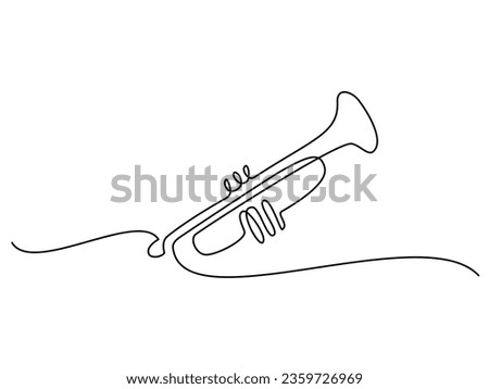 Musical classical trumpet, classic acoustic music instrument, jazz, horn, orchestra. Continuous one line drawing. Vector illustration outline art