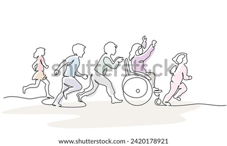 Happy disabled girl and healthy children run together outdoor. Friends together with disabled. Continuous one line drawing vector illustration with color spot. Hand drawn art
